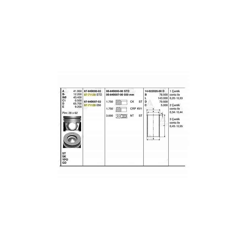 Accent Era 06-11 Dizel Getz 06-11 Dizel 0.50 Piston Segmanlı - 87-71128-050 GOE-87-71128-050 