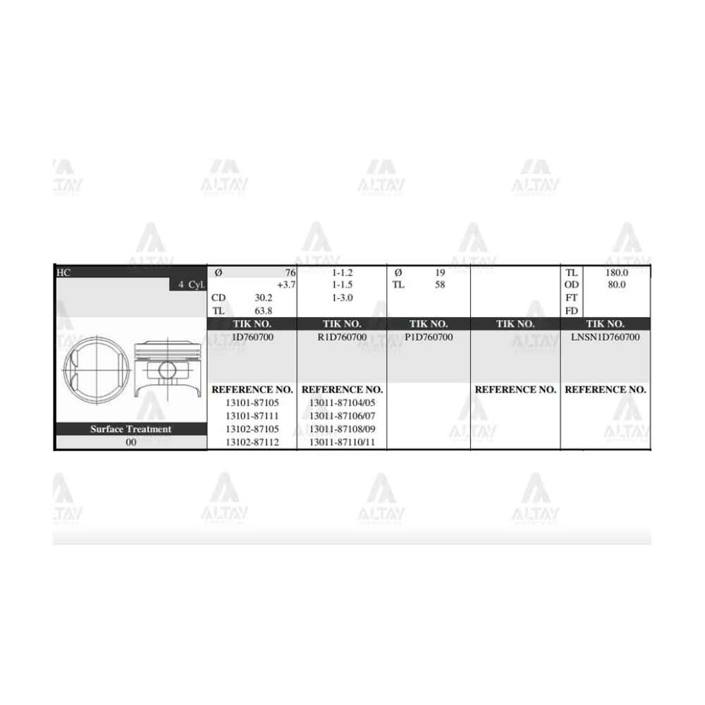 Terios 1.3L 97-01 Charade 1.3L 96-98 76.00Mm Std Piston Takim - 13101-87105 TIK-1D760700-STD 