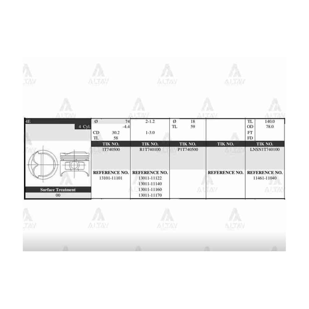 Corolla Uyumlu 1.3L Enj. 98-00 74.50Mm 4E 0.50 Piston Takim - TIK-1T740500-050 - 13101-11101