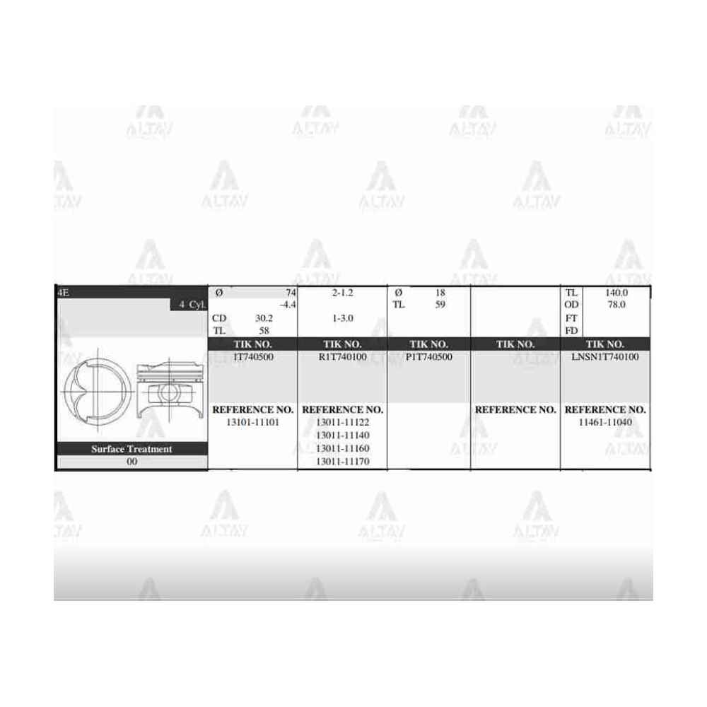 Corolla 1.3L Enj. 98-00 74.00Mm 4E Std Piston Takım - TIK-1T740500-STD - 13101-11101 